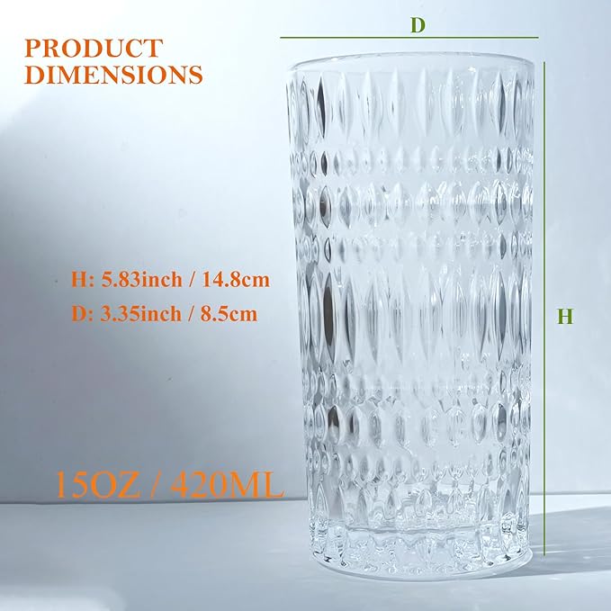 Highball Glasses Set of 4 15oz Vintage Glass Cups Fits Dinner Party - Unique Texture, Dishwasher Safe
