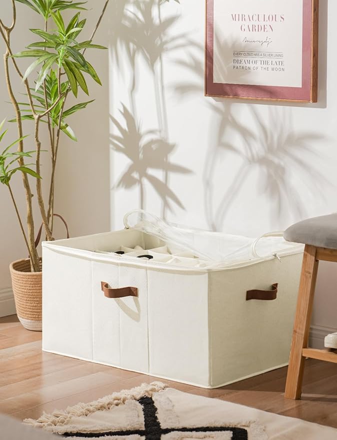 StorageWorks Shoe Organizer for Closet, Fits up to 24 Pairs, Shoe Cubby Storage Containers with Adjustable Dividers and Clear Cover, Beige