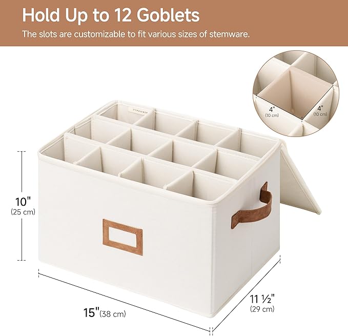 StorageWorks Stemware Storage Cases, Hard Shell Wine Glass Storage Box with Dividers for Glassware, Crystal, and China Holds 12 Standard Size Wine Glasses, 2 Pack, Beige