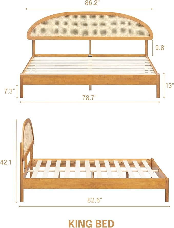 NTC Gem Wooden Bed Frame with Headboard and Natural Rattan, Solid Oak/Rubber Wood Foundation with Silent Slats, 1000 Lb Capacity, Effortless Assembly (Natural Cane - Rustic Oak, King)