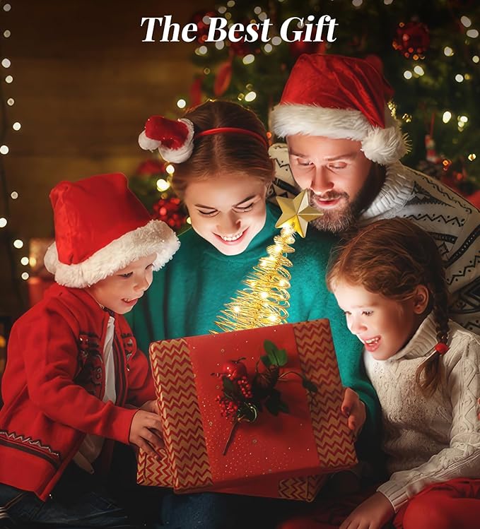 Lewondr Christmas Tree Light, 13 Inch Spiral Christmas Tree Desk Decorative Light, Battery Powered Star Table Lamp with Metal Stand Home Bedroom Decor Xmas Ornament, Gold