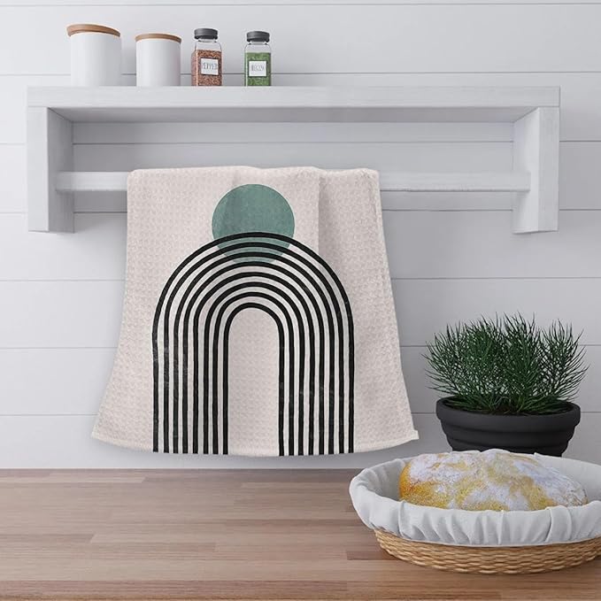 OHSUL Boho-Chic Sun Moon Line Rainbow Kitchen Towels Set of 2 Bohemian Mid Century Modern for Bathroom Green