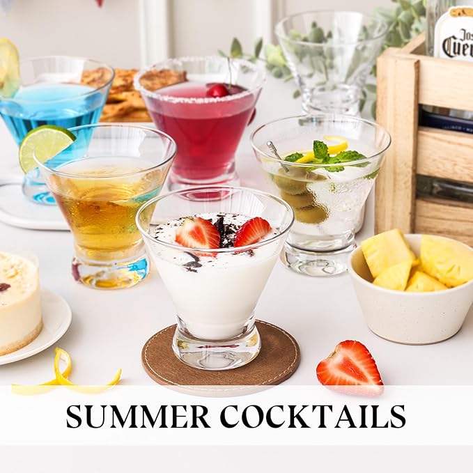 Martini Glasses Set of 6, 8oz Stemless Martini Cocktail Glasses for Margarita, Cosmopolitan, Manhattan, Home Bar, Gimlet, Pisco Sour, Brandy, Crystal Clear