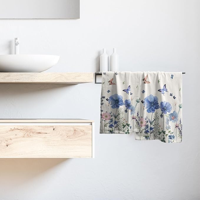 Spring Kitchen Towels Wild Flowers Set of 2 Butterfly Floral Absorbent for Home Gym Spa Blue