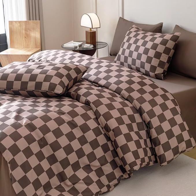 CLOTHKNOW Brown Plaid Comforter Sets Twin/Twin XL 3Pcs Grid Bedding Comforter Sets Dark Brown Checker Comforter Checkered Bedding Sets