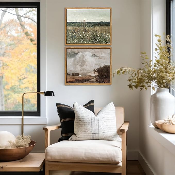 KBKBART Framed Canvas Print Wall Art, Vintage Wall art Wildflower Field Vintage Print, Neutral Country Meadow Landscape Nature Painting Rustic Farmhouse Decor, Retro Botanical Bathroom Wall Decor for