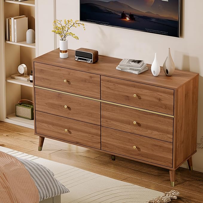 6 Drawer 47" Wide Mid Century Wooden Chest of Drawers, Walnut