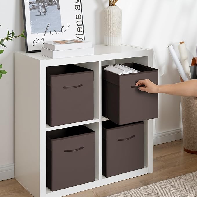StorageWorks Brown Storage Cubes, 11 Inch Cube Storage Bins with Handle, Cube Storage Organizer Bins for Shelves and Closet, Collapsible Storage Bins, 4-Pack