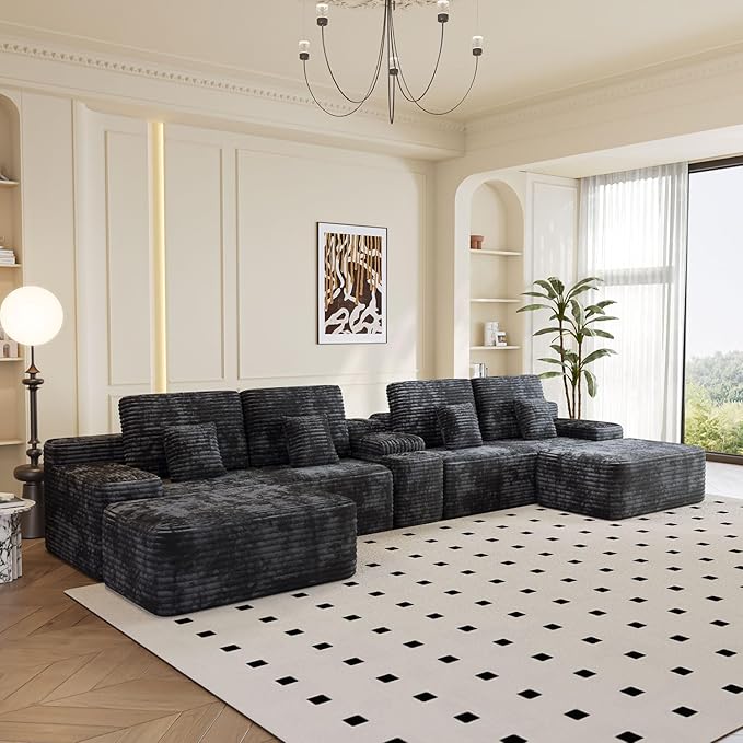 KEIKI 150" U-Shaped Oversized Corduroy Modular Sectional Sofa with 2 Ottomans and Multi Functional, 6-Seater Upholstered Couch, Easy Assembly, for Living Room, Black