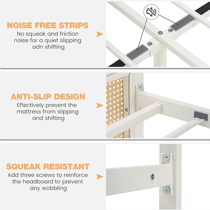 GarveeHome Full Size Rattan Bed Frame with Headboard, White Boho Cane Platform Bed Frame with Strong Metal Slat, Noise Free, No Box Spring Needed