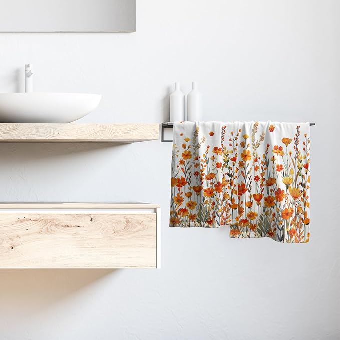 Watercolor Orange Daisy Hand Towels Autumn Floral Botanical Decorative Thanksgiving Seasonal Kitchen Spa 28x14