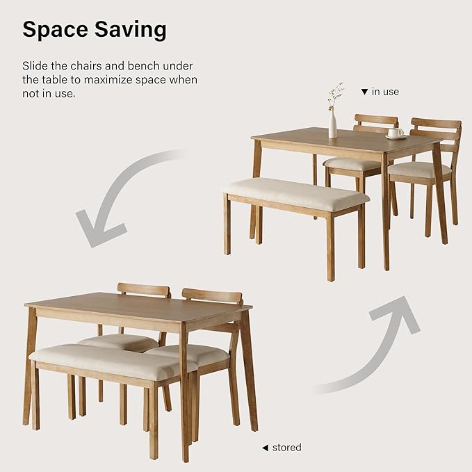 6 Piece Dining Table Set with Bench, Wooden Rectangular Kitchen Table and 4 Upholstered Chairs, Farmhouse Dining Room Furniture for Family Meals, Light Oak Finish