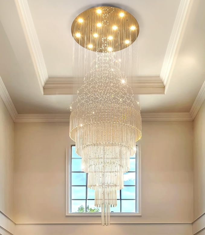 W32 x H100 Glam Chandelier with LED Bulbs Crystal Raindrop High Ceiling Pendant Light for Entrance Large Villa Chandelier Foyer Lighting Fixtures Gold