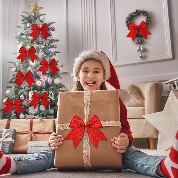 Cindeer 24 Pcs Red Christmas Bow Decorations 6 x 6 Inches, Glitter Holiday Ornaments Sequin Ties Bows for Xmas Tree, Wreath, DIY Crafts, Gift Wrapping, Party Decor