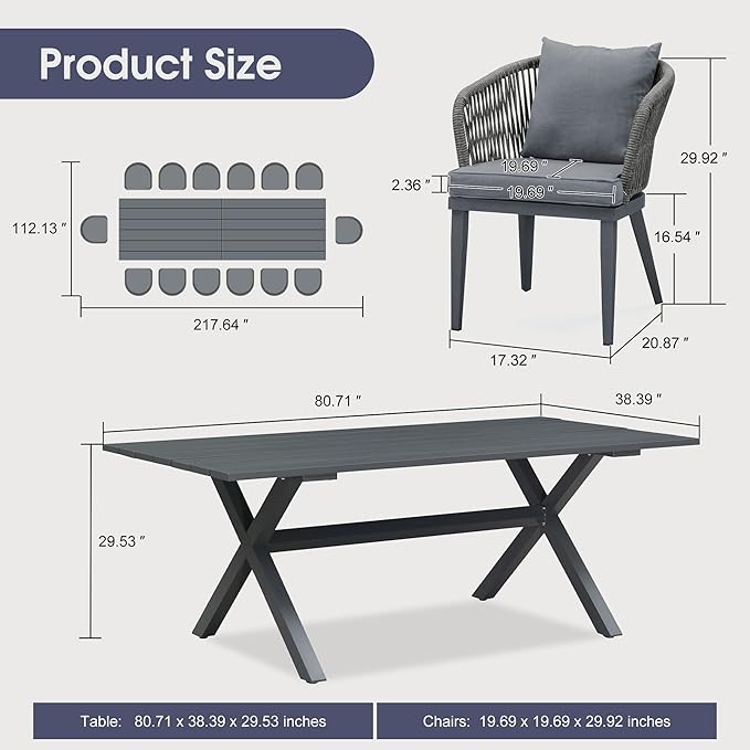 PURPLE LEAF 14 Pieces Patio Dining Table Set Wicker Outdoor Furniture Rectangular Table and Chairs Set for Garden Deck Aluminum Frame Backyard Kitchen Set, Cushions and Pillows Included Grey