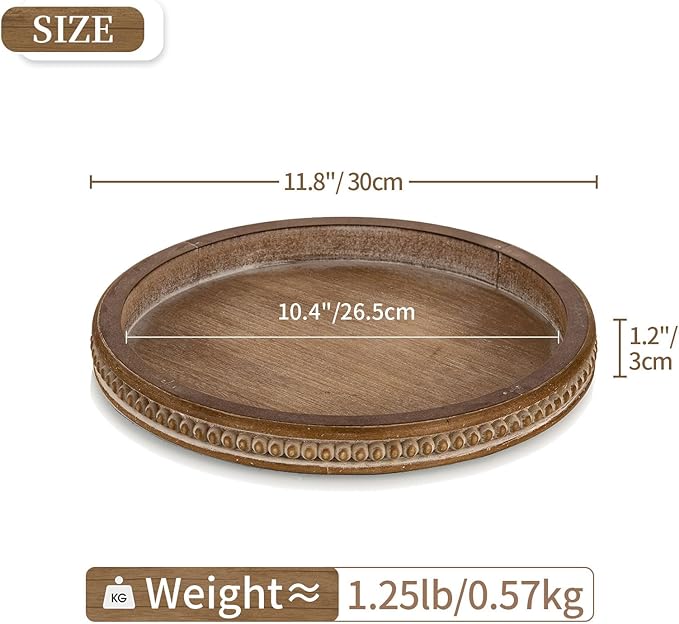 Hanobe Decorative Serving Tray Round: Brown Beaded Trays for Rustic Wooden Decor Farmhouse Vintage Centerpiece for Living Room Kitchen Counte