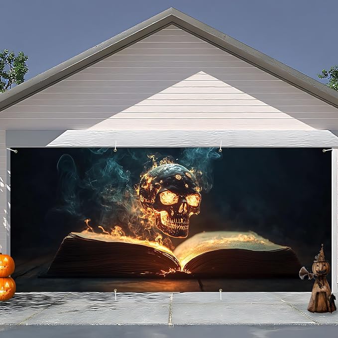 6 x 13 ft Halloween Garage Door Decorations Halloween decorations Witch Door Cover, Hanging Banner, Cauldron Backdrop Mural for Home, Outdoor, Indoor, Spooky Party, Wall, Window (BOOK)