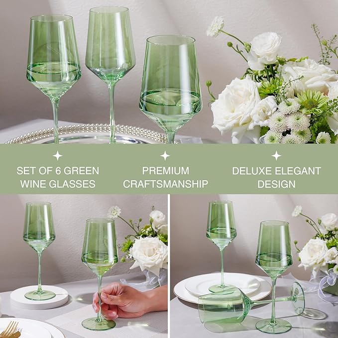 Physkoa Green Wine Glasses Set 6-15oz Crystal Green Wine Glasses With Long Stem
