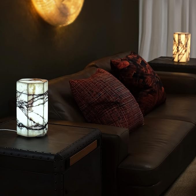 Handcrafted Real Marble Table Lamp, Stone Lamp with Tri-Color Dimmable LED, Bedside Lamp, Small Table Lamp for Home Decor, Table Lamp for Bedroom Living Room, Hexagon