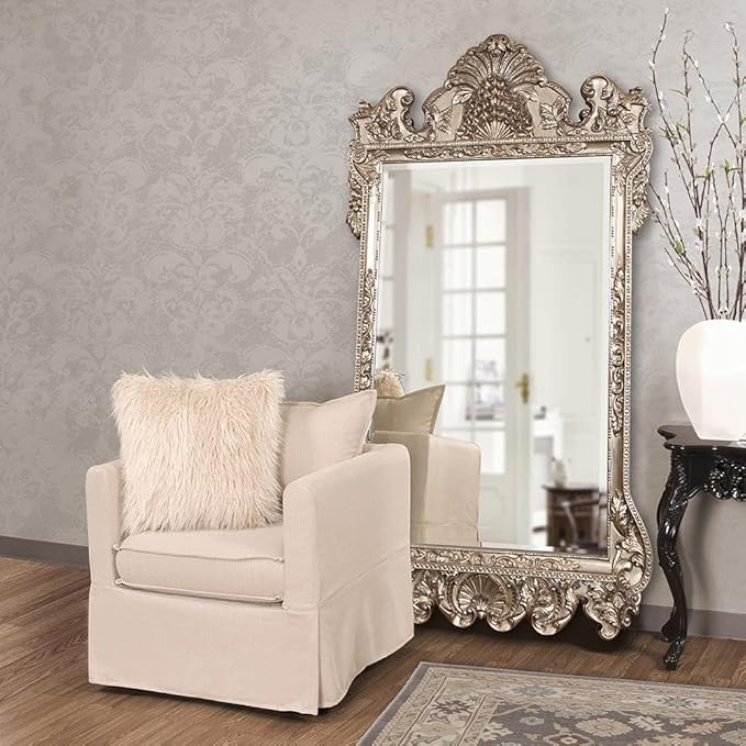Howard Elliott Marquette Antique Oversized Full Length Mirror, Ornate Full Body Standing Floor Mirror, Large Leaning Wall Mirror for Bedroom & Living Room, Silver Leaf, 49" x 84" x 3" Inch