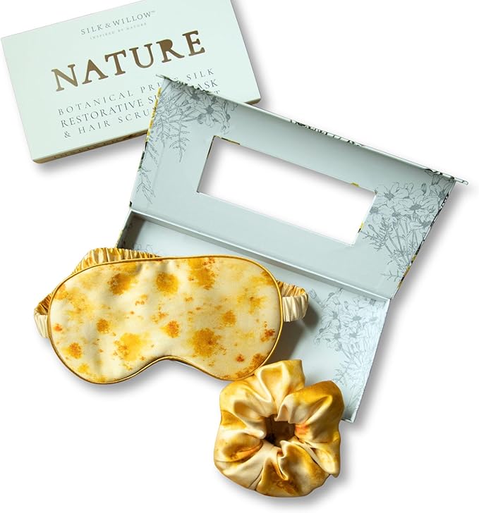 Silk & Willow 100% Pure Mulberry Silk Sleep Eye Mask & Hair Scrunchie Gift Set (Marigold Yellow)