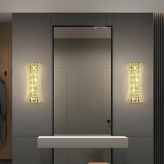 Crystal Wall Sconces,Modern Wall Light Fixtures,Luxury Indoor Gold Wall Lamp for Living Room Bedroom Bathroom Hallway Doorway Stairway,Bedside,Tricolor Vanity Lighting Fixture