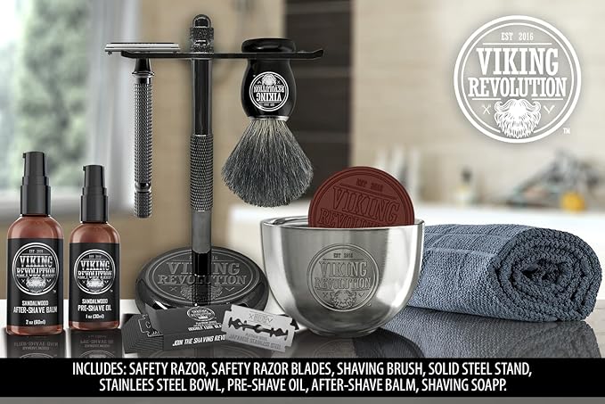 Viking Revolution Luxury Safety Razor Shaving Kit - Includes Double Edge Safety Razor, Stand, After-Shave Balm, Pre-Shave Oil, Badger Brush - Safety Razor Kit