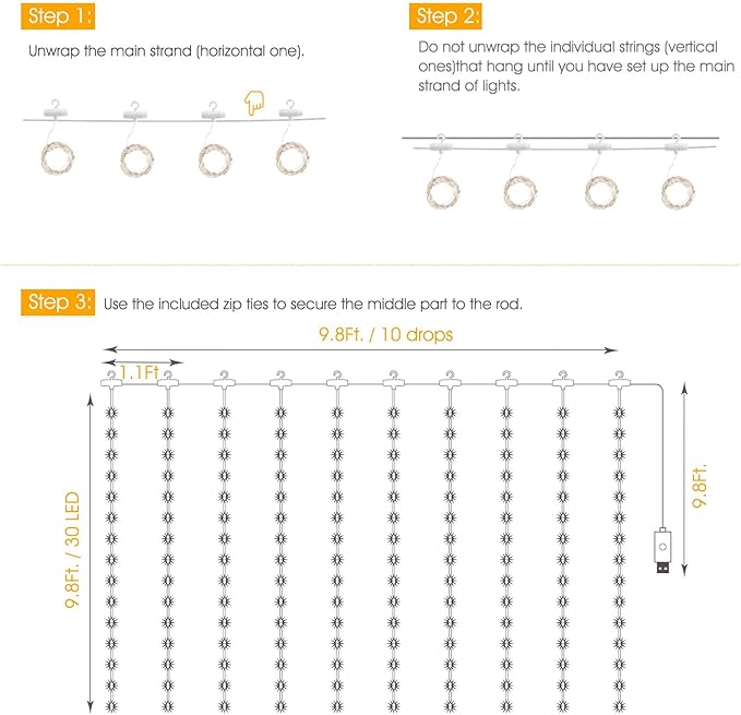 Minetom Curtain Lights, 300 LED Dimmable Fairy Lights with Remote and Timer, 8 Modes, USB Powered String Lights for Room Wall Party Xmas Indoor Decor, Orange