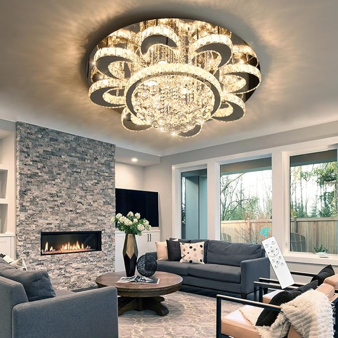Modern Chandelier Living Room Glam Chandeliers Ceiling Light Fixture Remote Dimmable Lights 32 Inches Luxury Crystal Silver Light