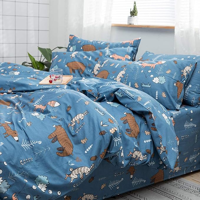 CLOTHKNOW Kids Queen Comforter Set 3Pcs Blue Animal Cartoon Bedding Comforter Sets Forest Fox Rabbit Comforter with 2 x Pillow Cases
