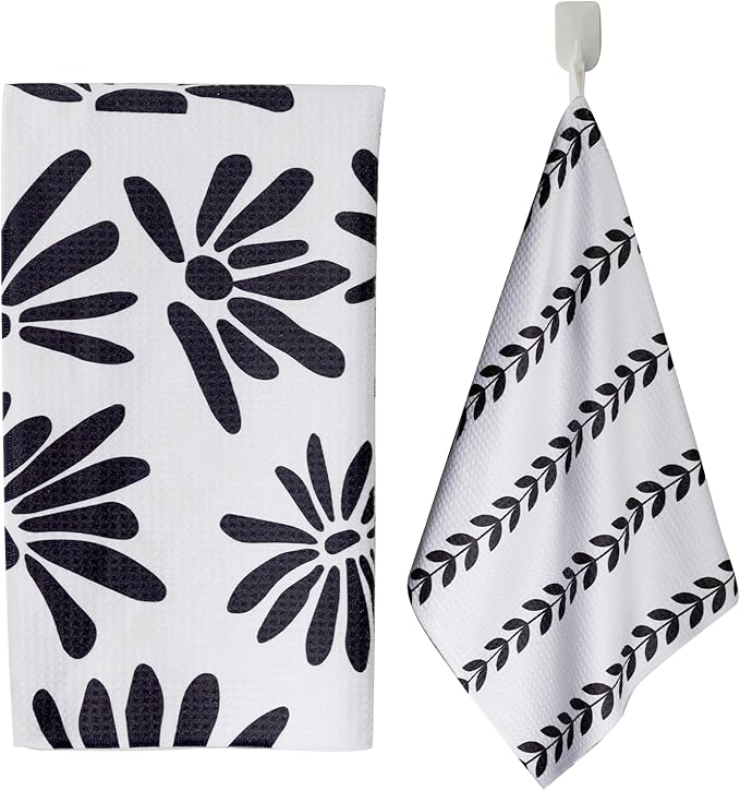 DIBALA Dish Towels Set of 2 Quick Dry Microfiber Kitchen Towels with Hanging Loop 18x30, Black White Daisy