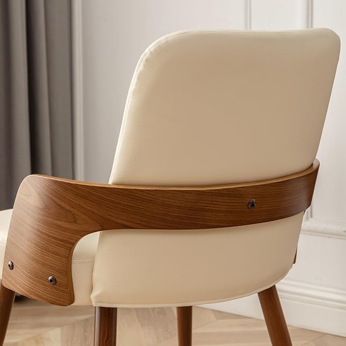 Dining Room Chairs Set of 2,Mid Century Modern Kitchen Chair,Upholstered Faux Leather Chairs,Metal Legs Wooden Desk Chair,Armless and No Wheels for Kitchen Dining,Beige PU