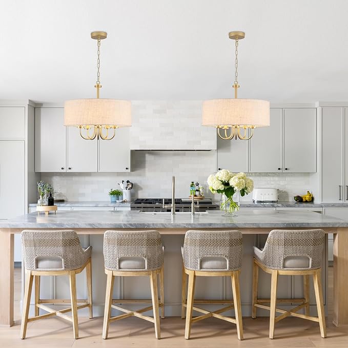 Drum Chandeliers for Dining Room, 5 Light White Drum Light Fixture Brass Round Chandelier with Linen Shades, 19" Fabric Pendant Light Gold Farmhouse Chandelier for Living Room Kitchen Bedroom Foyer