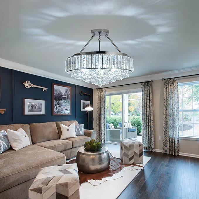 YYJLX 6 Light Modern Large Round Crystal Chandelier Chrome Semi Flush Mount Ceiling Light Fixtures E26 Ceiling Lamp for Dining Room Living Room Laundry Room Foyer Kitchen Balcony Bedroom(Silver).