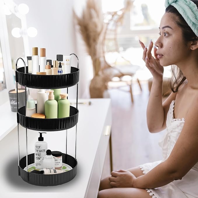 Rotating Makeup Organizer Countertop 3 Tier Lazy Susan Spinning Skincare Perfume Storage for Bathroom Counter Vanity, Black