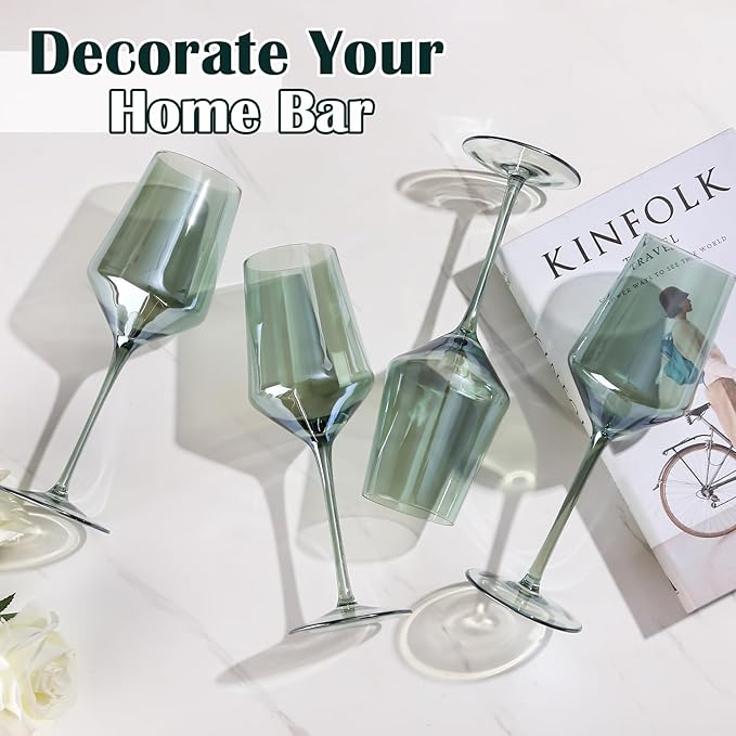 Green Wine Glasses Set of 6-15oz Hand-Blown Green Wine Glass Set for Bar Party Wine Glasses
