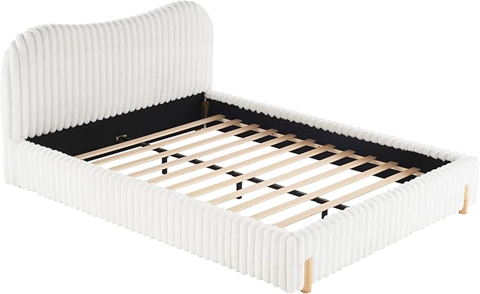 Queen Size Bed Frame, Upholstered Cloud Boucle Platform Beds Frames with Headboard, Anti-Collision Soft Rounded Corners Footboard, No Box Spring Required, Easy Assembly (37” White, Queen)