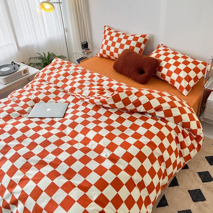 CLOTHKNOW Rust Beige Plaid California King Comforter Set Checker Bedding Comforter Sets Geometric Buffalo Comforter with 2 x Pillow Cases