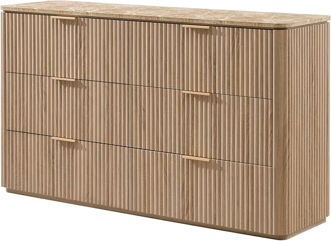 Fluted 6 Drawer Dresser for Bedroom, 54.5" Wide Modern Chest of Drawers with Faux Marble Top, Curved Corners, Wooden Dresser TV Stand with Organizer Storage for Living Room, Natural Oak