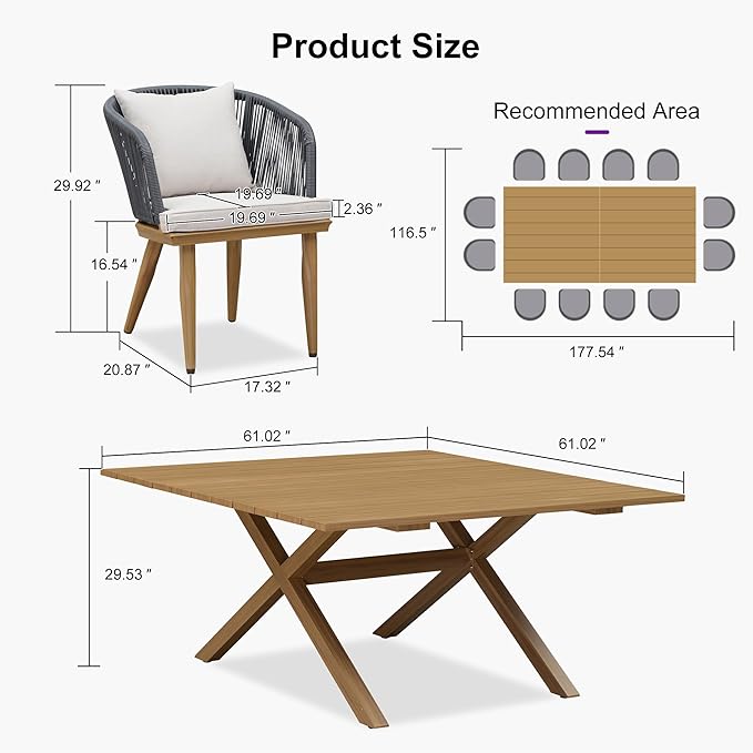 PURPLE LEAF 14 Pieces Patio Dining Table Set Wicker Outdoor Furniture Oversize Rectangular Table and Chairs Set for Garden Deck Teak-Finish Aluminum Frame Backyard Kitchen Set, Cushions and Pillows Included