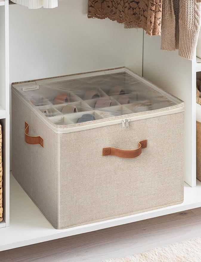 StorageWorks Shoe Organizer for Closet, Fits up to 16 Pairs, Shoe Cubby Storage Containers with Adjustable Dividers and Clear Cover, Mixing of Brown & Beige