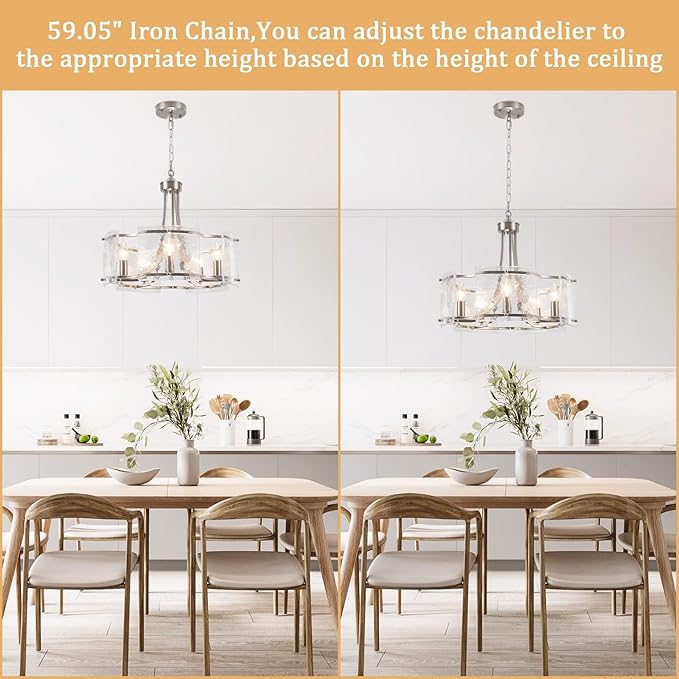Modern Textured Glass Chandelier for Dining Room, 5-Light Brushed Nickel Crystal Chandeliers Light Fixture, Drum Round Rustic Farmhouse Chandelier for Kitchen Island Bedroom Living room Foyer,E12