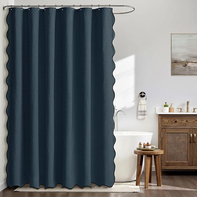 MIULEE 84" Long Scalloped Shower Curtain Linen Textured with 12 Metal Hooks Cute Extra Long Heavy Duty Washable Waterproof Cloth Shower Curtains with Black Border for Bathroom Hotel Bathtub,Navy Blue