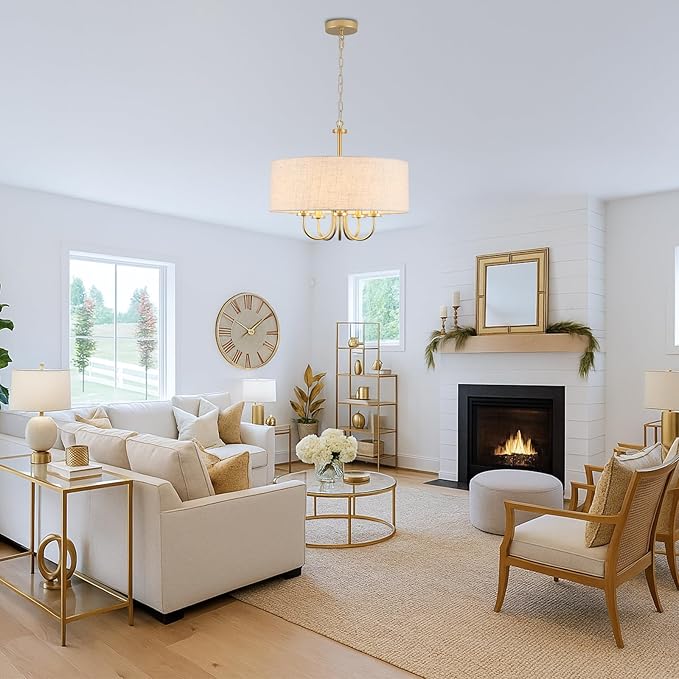 Drum Chandeliers for Dining Room, 5 Light White Drum Light Fixture Brass Round Chandelier with Linen Shades, 19" Fabric Pendant Light Gold Farmhouse Chandelier for Living Room Kitchen Bedroom Foyer