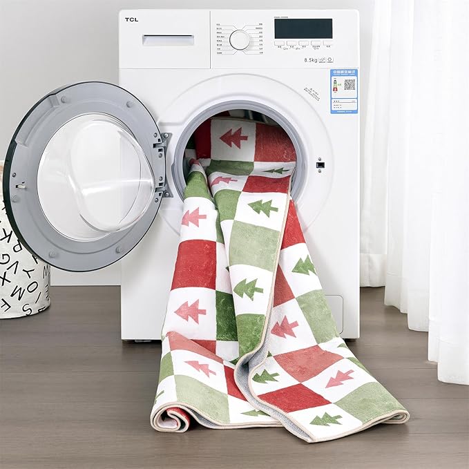 Christmas Checkered Rug 4x6 Washable, Ultra Thin Cute Aesthetic Retro Colorful Christmas Tree Area Rugs for Living Room Bedroom Kitchen Entryway Dorm, Modern Mid-Century Winter Festive Accent Carpet