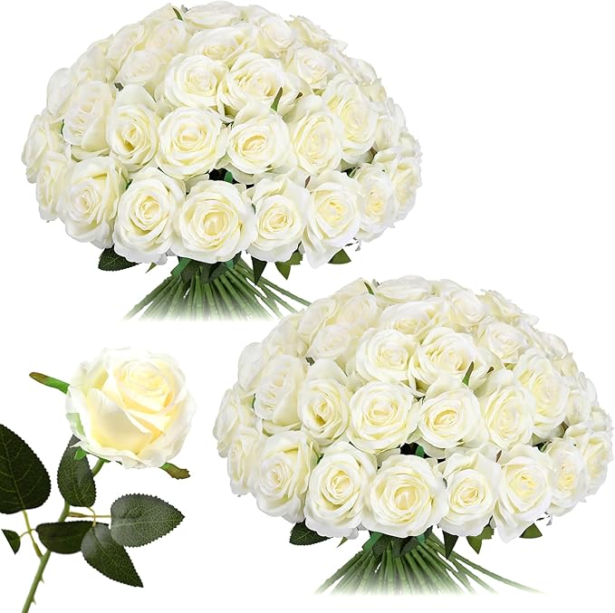 Nubry 50pcs Artificial Silk Roses Bulk,Fake Roses Flower with Stems Realistic Flowers for Wedding Centerpiece Home Party Decor(White)