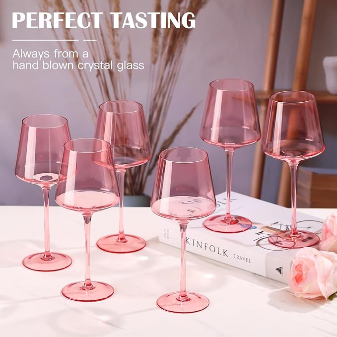 Physkoa Pink Wine Glasses Set of 6-16oz Hand-Blown Pink Wine Glass with Long Stem, Unique Red&White Wine Glasses For Christmas Party Home Bar