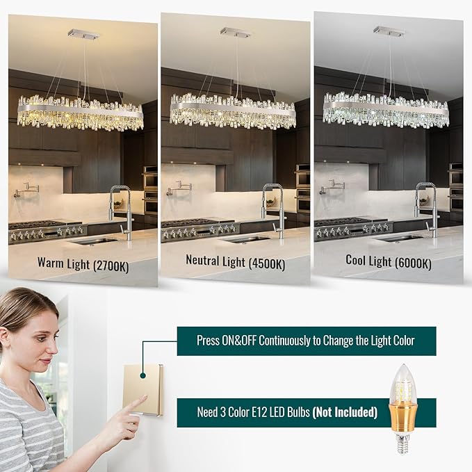 Siljoy Large Rectangular Crystal Chandelier, Modern Oval Brushed Nickel 2-Tiers K9 Crystal Raindrop Chandelier Ceiling Light for Dining Room, Living Room Kitchen Island Bar, E12 x 20, L52''