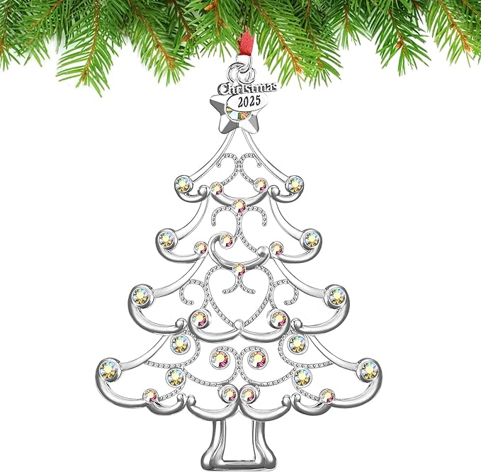 Christmas Ornaments 2025 Decorations for Christmas Tree, Metal Hanging Rhinestones Christmas Tree Decorations Indoor, Glitter Crafts Xmas Decors Annual Keepsake Gifts for Family Friends Holidays Home