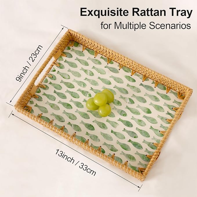 Rectangle Rattan Tray with Mother of Pearl Inlay, Rattan Serving Tray with Handle for Coffee, Bread, Fruits, Snacks, Decorative Wicker Tray for Table Decor (Rectangle Green Fish, 13"×9")